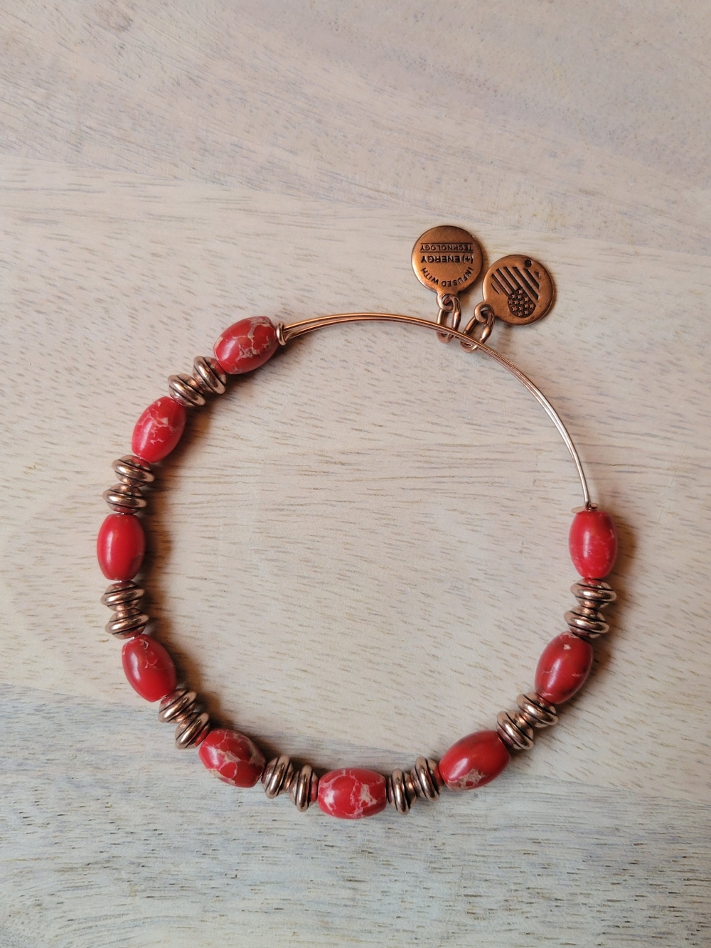 Alex and Ani Red Bead and Rose Gold-Tone Expandable Bangle